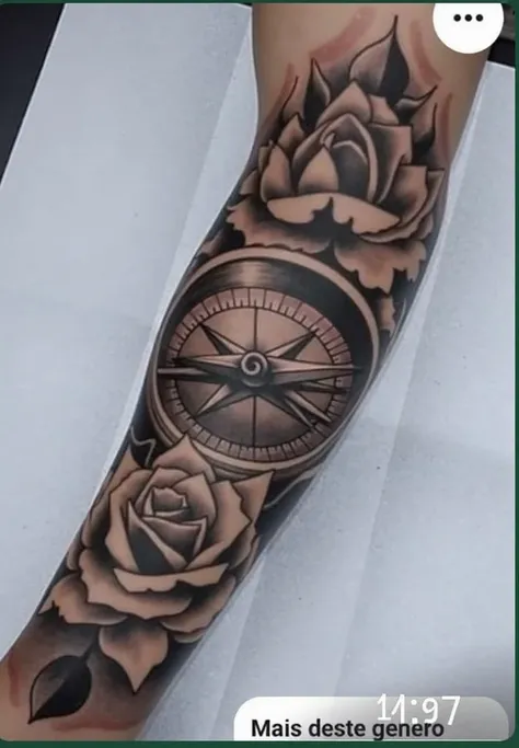 Create a flat design similar to the drawing tattooed on the arm in the attached image and the parts where the design is hidden in the curvature of the arm create a complement that harmonizes the design. Leave the final drawing in gray scale