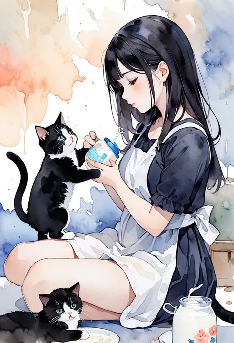 Dark-haired beauty ,  cute cat,  Mother cat feeding her kittens with milk , Watercolor style ,  soft color , Subtle and dynamic texture , Contrast, 2.5D,  very detailed ,  absolute solution ,  top quality