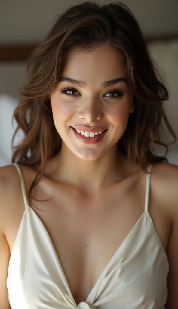 , score_9,score_8_up,score_7_up, one girl, anatomically correct, Hailee Steinfeld, c-cup breasts, natural look, in bed, friendly smile, bed head, 