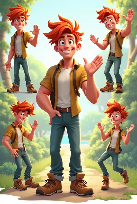 Create a red-haired male character in various poses saying hi and bye 