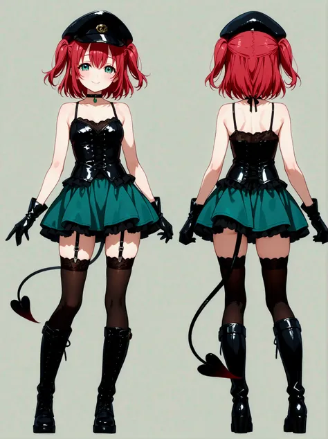  1 girl,  Kurosawa Ruby、  short hair while on a business trip、bangs、(  green eyes:1.3)、 Red Hair、Aqua Hitomi  、  two side up、smile、  Ultra Details 、whole body、leather camisole  、  over knee socks、  is standing、、  Long Boots  、 garter ring、 back、Two views、 ...