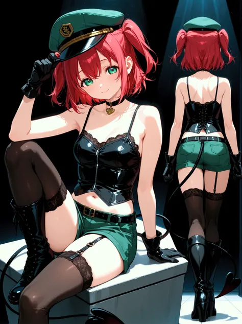  1 girl,  Kurosawa Ruby、  short hair while on a business trip、bangs、(  green eyes:1.3)、 Red Hair、Aqua Hitomi  、  two side up、smile、  Ultra Details 、whole body、leather camisole  、  over knee socks、  is standing、、  Long Boots  、 garter ring、 back、Two views、 ...