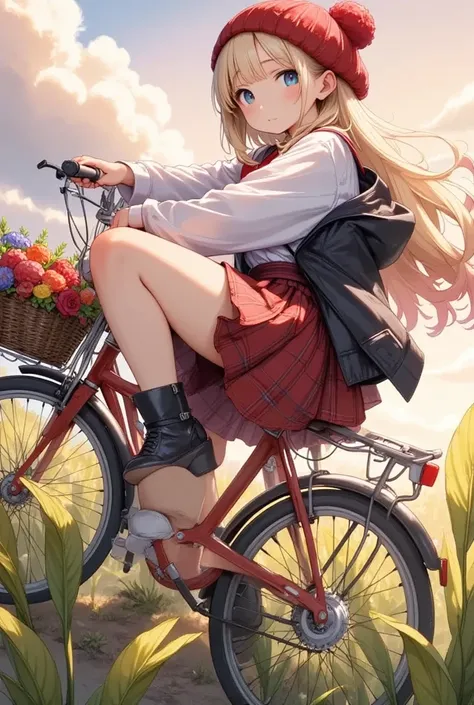 Anatómicamente correcto , beautiful girl full body ,  sitting on a bicycle with baskets full of flowers, ((Manga style:1.5)), Linear ,  she is half profile  ,  red and black plaid miniskirt  ,  three-quarter fishnet stockings  , long black boots,  white sw...