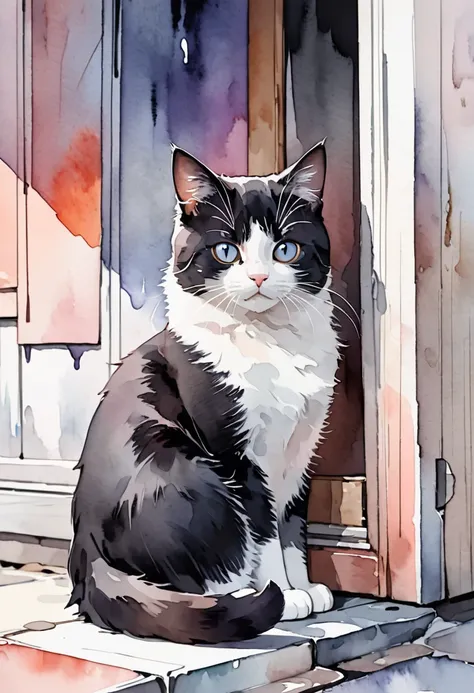 Dark-haired beauty ,  cute cat, Watercolor style ,  soft color , Subtle and dynamic texture , Contrast, 2.5D,  very detailed ,  absolute solution ,  top quality