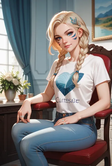 Masterpiece, best quality, amazing quality, aesthetic, absurdres, citlali, 1girl, long hair, facial mark, blue eyes, twin braids, ring hair ornament, looking at viewer, T-shirt, jeans, chair sitting 