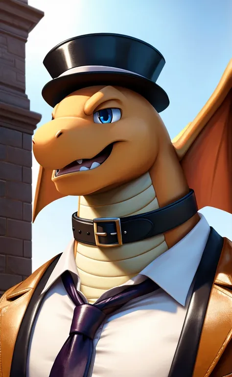 Solo, Male, close up, fat, extremely obese, steampunk, gentleman, dapper Dragonite, tilting head down, blue eyes, wearing a big leather collar around his neck, (soft shading), 4k, hi res, ((detailed face, detailed)), looking at viewer, evil grin, collared ...