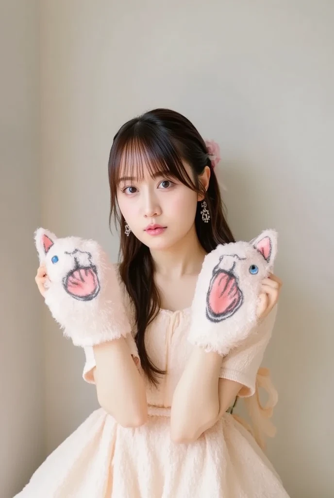 A beautiful Japanese woman with flowing brown hair is wearing a realistic and adorable full-body bear costume, complete with furry texture, soft bear ears and large paw pads. She holds her hands up like bear claws in a hilarious "roar" pose