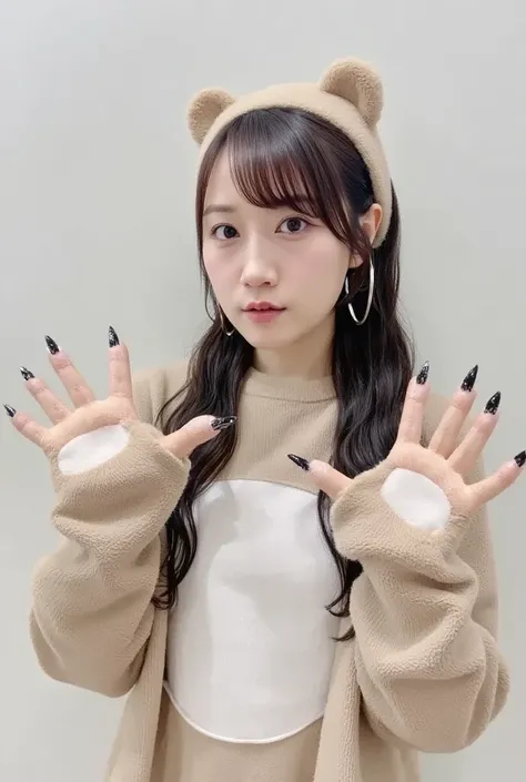 A beautiful Japanese woman with flowing brown hair is wearing a realistic and adorable full-body bear costume, complete with furry texture, soft bear ears and large paw pads. She holds her hands up like bear claws in a hilarious "roar" pose