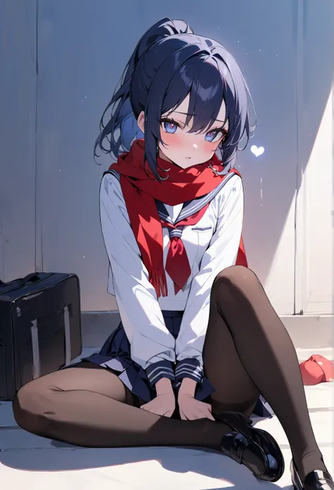 masterpiece,  best quality, 8k,   RAW photo、 small breasts 、 heart-shaped light in the eyes、 small breasts、 ponytail、 girl sitting on guardrail、 wearing a scarf 、Winter Dawn 、 black tights、I'm warming my hands、 navy blue sailor suit、 navy blue pleated skir...