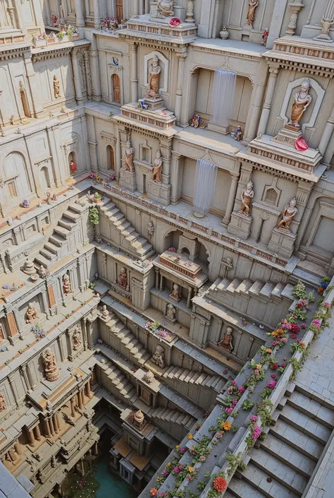 Create an image A grand, hyper-realistic painting capturing a majestic hall within an ancient Indian palace. The hall features seven attic pools on top of each, each one connected by cascading waterfalls that flow elegantly from stone-carved spouts high ab...