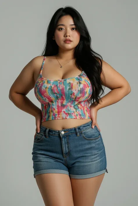 （lifelike， high - resolution：1.3）， 1 girl with a chubby body，Indonesian, dark skin, chubby face, slong hair， Tank top of random colors：1.2， short jeans， big boob，Expose cleavage
