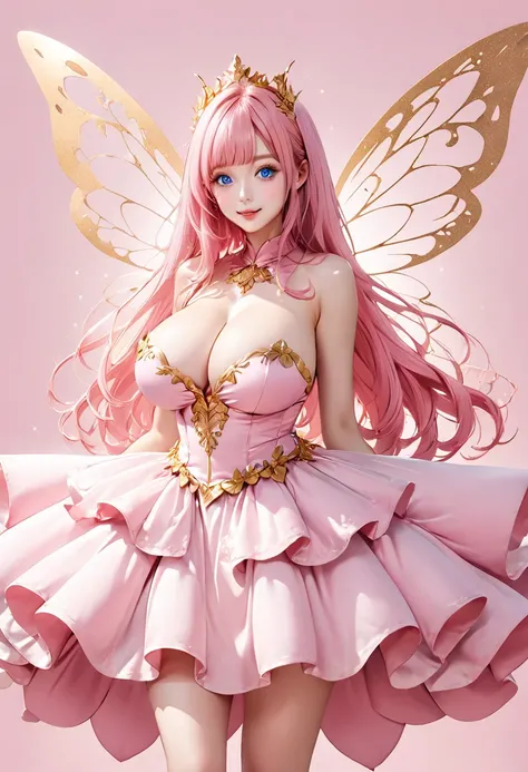 A cute kawaii fairy with long pink hair and a sexy body similar to hot woman, with blue eyes and large gold fairy wings, wearing cute pink clothes and a more lively style, full image