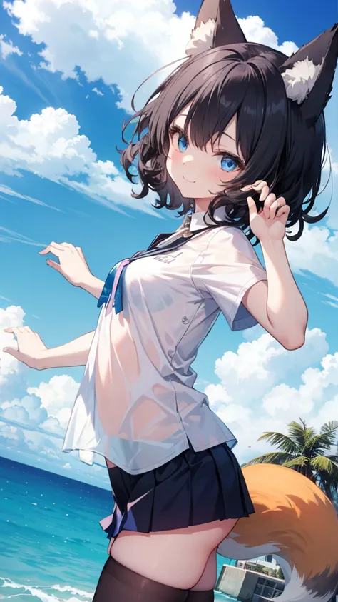  black hair short hair、summer、sea、ruins、Curly hair、 low angle、Cumulonimbus、 slender、 Cute Poses、smile、 Cool Personality、 boyish、July、 blouse、 miniskirt、 fox ear、Fox&#39;s Tail、 schoolgirl、 in ultra high quality、masterpiece、Masterpiece、 blue eyes、wallpaper、...