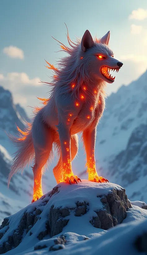 A hyper-realistic digital artwork of a hybrid creature combining the features of a pumpkin and a wolf, standing on a snowy mountain peak surrounded by an icy tundra. The creature has the muscular structure of a wolf with a pumpkin-like texture covering 90%...