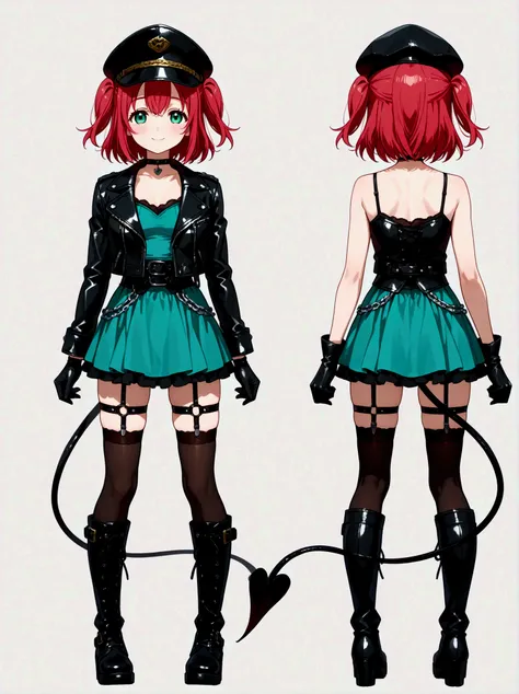  1 girl,  Kurosawa Ruby、  short hair while on a business trip、bangs、(  green eyes:1.3)、 Red Hair、Aqua Hitomi  、  two side up、smile、  Ultra Details 、whole body、leather camisole  、  over knee socks、  is standing、、  Long Boots  、 garter ring、 back、Two views、 ...