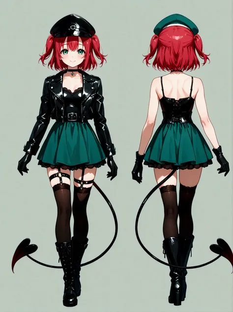  1 girl,  Kurosawa Ruby、  short hair while on a business trip、bangs、(  green eyes:1.3)、 Red Hair、Aqua Hitomi  、  two side up、smile、  Ultra Details 、whole body、leather camisole  、  over knee socks、  is standing、、  Long Boots  、 garter ring、 back、Two views、 ...