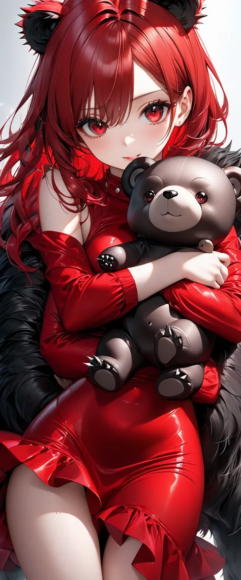   Cute Beauty , Striking red eyes, Shiny, silky red hair, Passionate and lascivious expression,  red dress holding a bear,  perfect proportions with spikes,  delicate and dynamic texture ,  Contrast of Light and Dark, 2.5D, Art Photography,  ultra-realisti...