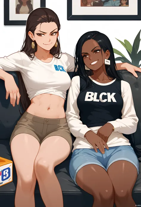 score_9, score_8, score_7, break,Susan _v,  1 girl,  long hair,  black hair,  earrings,  brown eyes, Dark Skin,  shirt,  Long Sleeve,  pants,  medium breasts,  is sitting, sofa,  smirking ,  watch viewers, block style