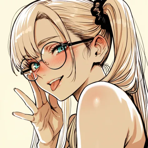 by Hoshi San 3, by Kotteri, (by umikochannart:0.5), limited palette, sketch, 1girl, ash blonde hair, swept bangs, twintails, long hair, cyan eyes, nose blush, glasses, round eyewear, adjusting eyewear, (looking over glasses), fisheye, nudity, bare shoulder...