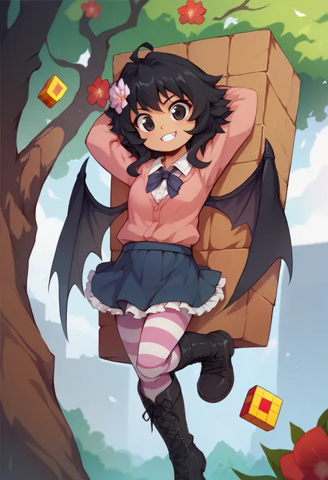 score_9, score_8, score_7, break, Alone, Isadora _ m ,  1 girl,  black hair, black eyes, Wings, tooth,  skirt ,  shirt,  is raped by a fat ugly man {x} striped pantyhose,  boots, On the back, ar m s behind head, glass, flower, tree,  is cute , block style