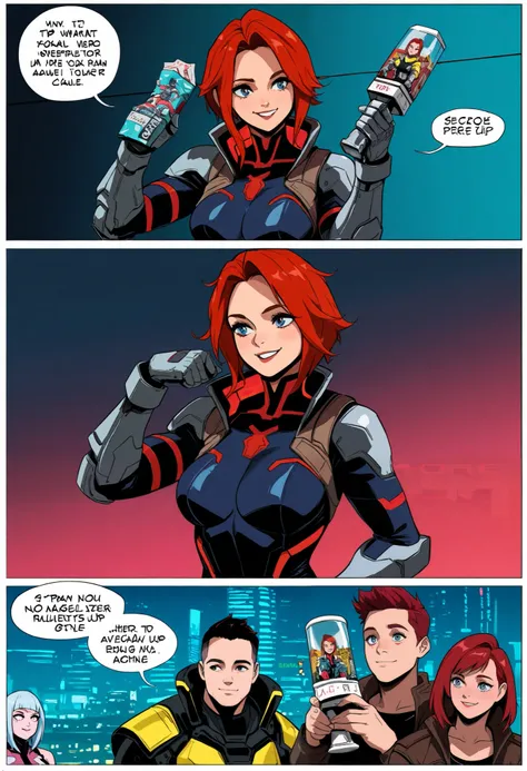 (masterpiece,  best quality: 1.2),  Advanced Facial Details ,  cyberpunk,  marvel style,  American comic style ,mechanical crane ,Hero girl , bodysuit,Red Hair, holding things ,smile, gauntlet