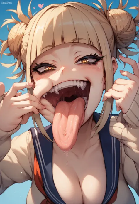 Himiko Toga from My Hero Academia, My Hero Acedemia style, giant tongue, open mouth, pov eating the viewer, smug, heart eyes, salivating, cleavage, pudgy body