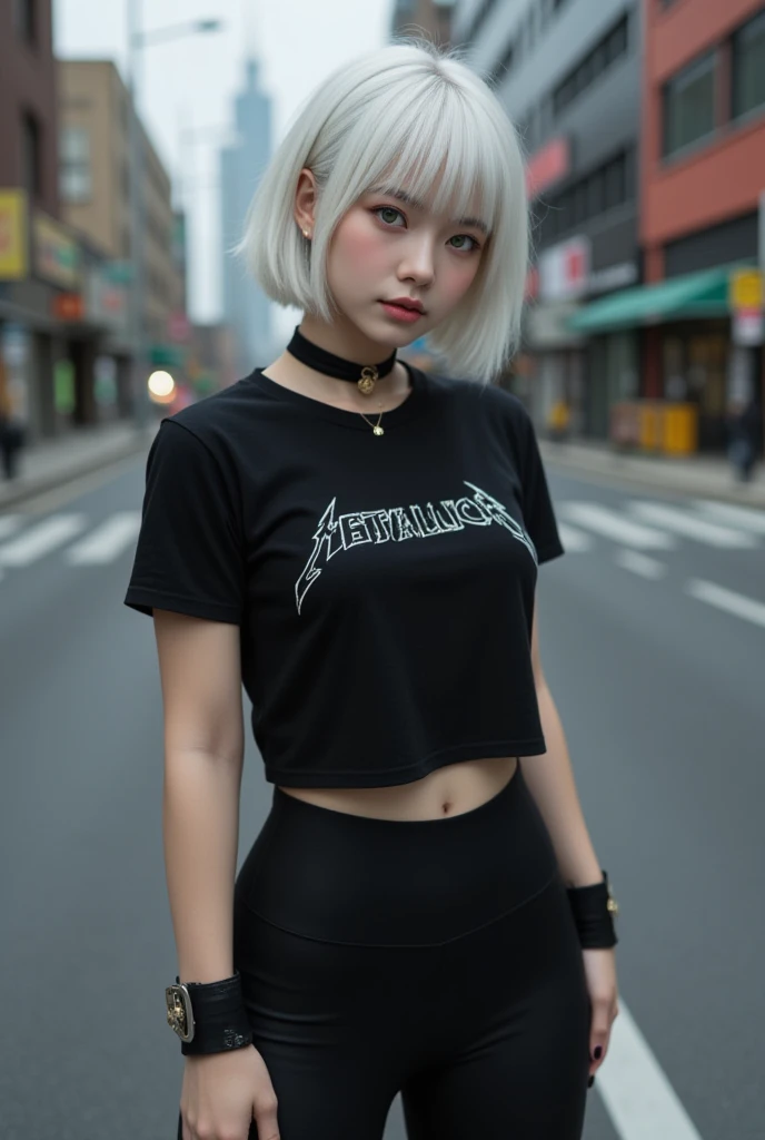 Create a girl, Asian face ,  spectacular green eyes ,  white hair ,  short hair, Lycra pants ,  black t-shirt ,  t-shirt with Metallica logo, gothic,  slim body,  small bust,  small buttocks,  seductive pose , Street landscape,  hyperrealistic, cinematic