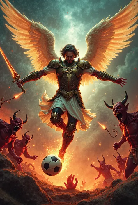 To the angel Saint Michael the Archangel scoring a goal for the devil