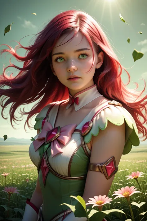 dark Red long hair, magical girl, outfit with miniskirt and pink details, bow on the chest, 19 years old, detailed face, detailed landscape, light green wind gusts swirling around her, atmospheric lighting, cool colours, green field with patches of flowers...