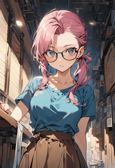 Пиксель арт. A girl with pink hair pulled back in two low ponytails wearing a blue T-shirt and a brown skirt and glasses