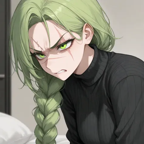 Ultra HD, woman,  long braided hair , Ultra HD green eye , Black eye with scar ,  loose black sweater, predatory look, anger