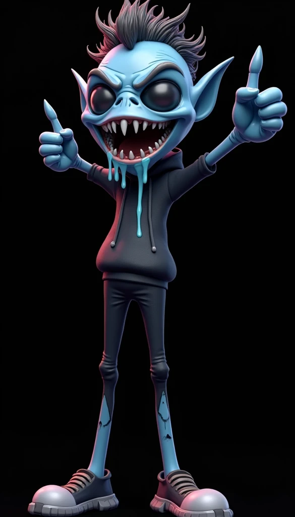 A masculine middle-aged slime-alien from 3d Cartoon Sci-Fi Horror if he was wet, blue, slimy, gooey, goopy, has evil/devious eyes, has blue slimy gooey goopy wet skin, has super long blue slimy gooey goopy wet hair, wears a black bandana on his head, has a...