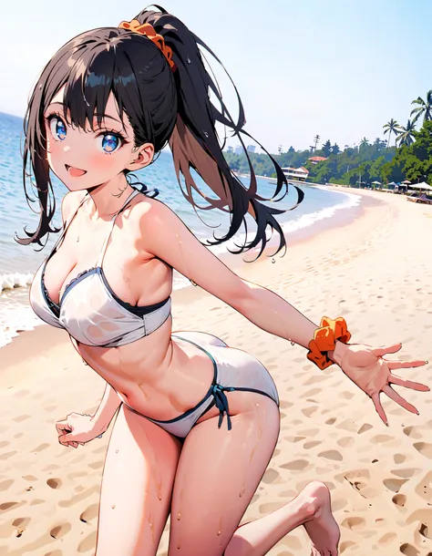  Takarada Rikka ,   black hair, blue eyes,  long hair,  Orange Scrunch , scrunchie ,  Wrist Scrunchie,  smile,red, mouths, ponytail, White Bikini Swimsuit ,Bare legs, wet hair, wet swimsuit , wet skin,whole bodyがイラストに入るように,                             
 br...