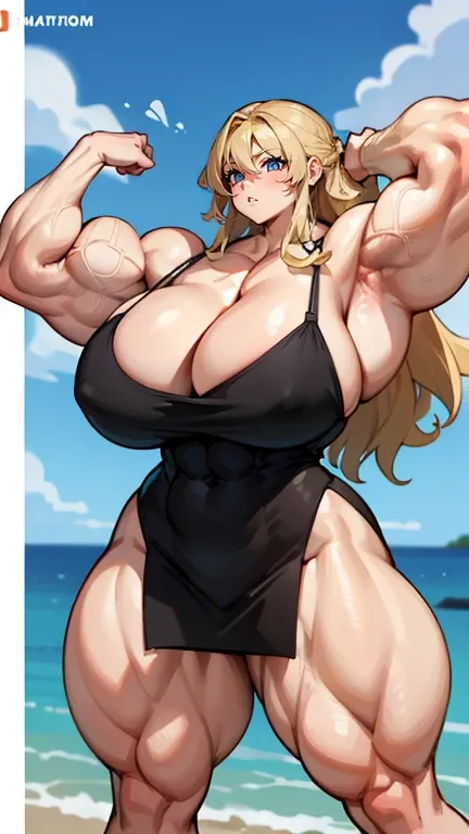 (Huge woman), big muscles, (abs), blonde hair, wavy hair, shoulder length hair, big biceps, big triceps, big deltoids, big trapezius, big quads, curved eyelids, curved eyebrows, eyeliner, plump lips, brown eyes, veins, blushing, embarrassed, (huge muscles)...