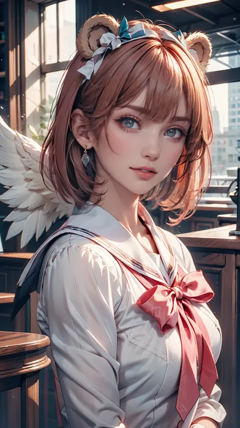  ski style,  1 girl, Alone,  pink hair with a scar, blue eyes, Wings,  watching viewers, bangs,  short hair while on a business trip, bow, Sailor color, white Sailor color, hair bow, pink bow,  Closed Mouth,  shirt, white  shirt, bear ears,  Bob Cut, Mini ...