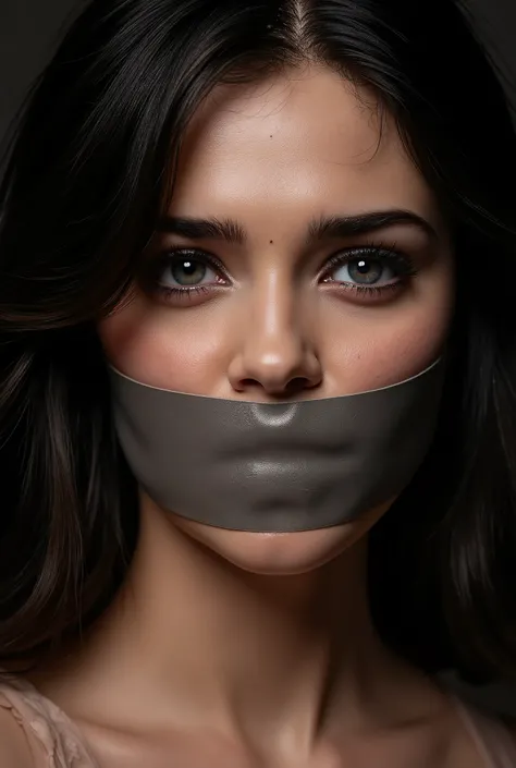 
 high detail, Close-up of a beautiful girl&#39;s face, Keira Knightley,  shiny black hair slightly wavy up to the shoulders , dark eyes, bright and big, small and straight nose,  gagged mouth ,
mouth filled with rags and sealed with duct tape ,  three str...