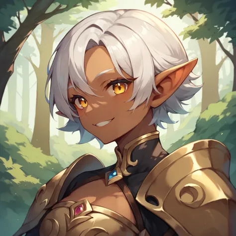 a dark elf with short white hair and golden eyes. they are wearing armor and is holding a bow. they smile at you while in forest.