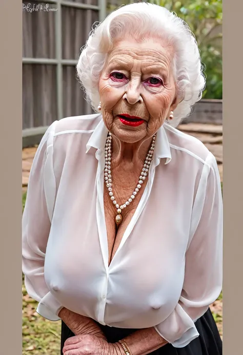 (queen elizabeth 90yo), (looking up:1.4), (huge saggy breast:1.5), (Covered in cum on face:1.4), (kissing penis:1.3), (penis cum on face:1.4), cleavage, red lips, (nsfw:1.4), (white chiffon shirt:1.5), black skirt, (pearls), (on all fours:1.2)