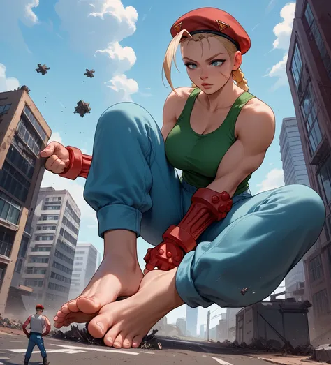 Cammy White i,Giantess, shortcut ,,  Big Breasts ,  destroy a residential area,Destroy with your feet , tank top in front of urinal, blue pants 