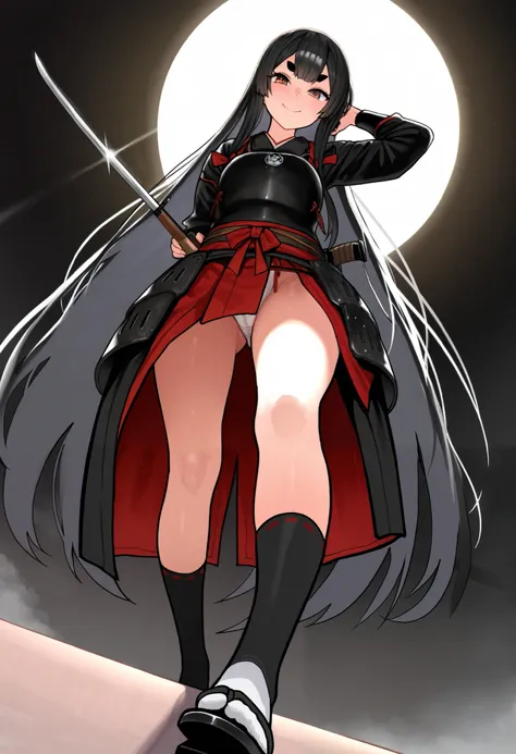  High Quality ,masterpiece, One Girl,Alone,Kato Kiyomasa,Feminization, long long hair ,Rin々Fresh eyebrows, Western armor and Japanese clothes ,Carrying a Bayonet , Socks Up to the Thigh ,Rin々A good smile ,Full body portrait, angle from below ,Black sun in ...