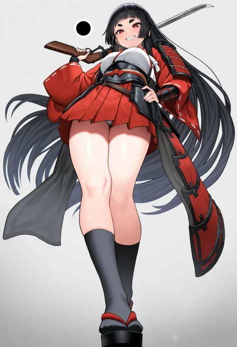  High Quality ,masterpiece, One Girl,Alone,Kato Kiyomasa,Feminization, long long hair ,Rin々Fresh eyebrows, Western armor and Japanese clothes ,Carrying a Bayonet , Socks Up to the Thigh ,Rin々A good smile ,Full body portrait, angle from below ,Black sun in ...