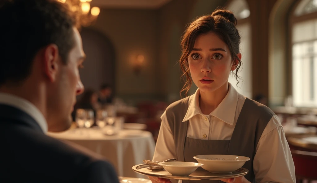 An ultrarealistic scene in an elegant restaurant, featuring a young waitress with brown hair tied up in a loose bun, wearing a classic uniform in neutral tones (a white and gray shirt with subtle detailing). She looks surprised or confused while holding a ...