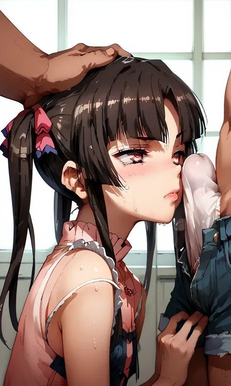  score_9_ up,  score_8_ up,  score_7_ up,  source_Anime, Masterpiece,   perfectly detailed  ,  detailed face,  detailed eyes ,  beautiful eyes, Shirabe Tsukuyomi, twintails, Crimson eyes, black hair, long hair,臭い penis, Smelling _ penis,  1 girl,shy face 1...