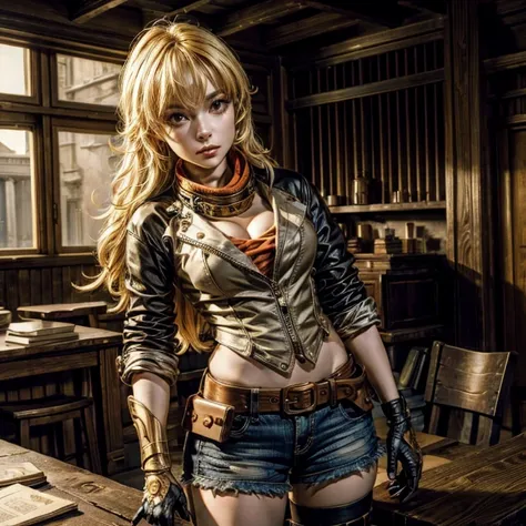 yangxiaolong, yang xiao long, long hair, blonde hair, (purple eyes:1.1), ahoge, bangs, BREAK cleavage, jacket, belt, mechanical arms, single mechanical arm, prosthesis, prosthetic arm, BREAK indoors, standing in library, BREAK looking at viewer, (cowboy sh...