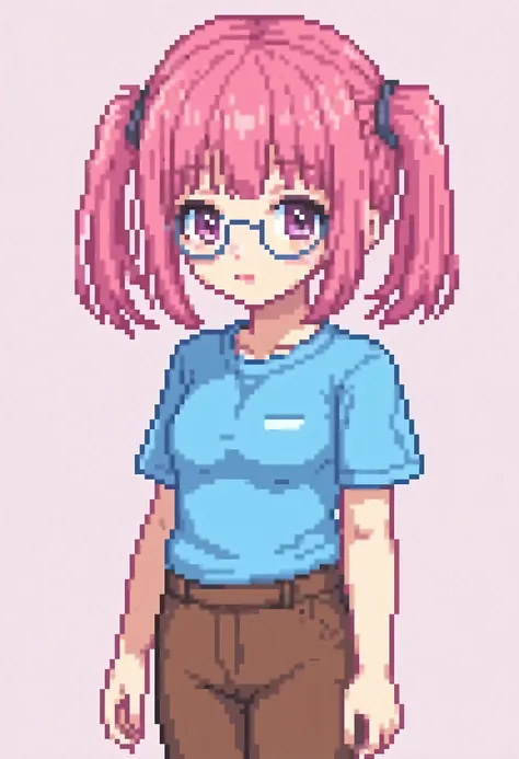 pixel,pixel art,pixelart A girl with pink hair pulled back in two low ponytails wearing a blue T-shirt and a brown skirt and glasses