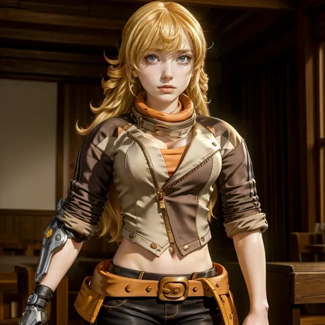 yangxiaolong, yang xiao long, long hair, blonde hair, (purple eyes:1.1), ahoge, bangs, BREAK cleavage, jacket, belt, mechanical arms, single mechanical arm, prosthesis, prosthetic arm, BREAK indoors, standing in library, BREAK looking at viewer, (cowboy sh...