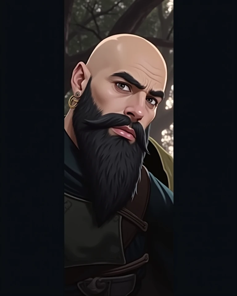 Cinematic image: dungeons and dragons' athletic (170 cm and 70kg) character without hair (bald) in fighter stance. He is an Half-Elf Ranger. He's got a light skin and a middle-long faded black beard. He puts on middle circular earrings.