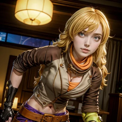 yangxiaolong, yang xiao long, long hair, blonde hair, (purple eyes:1.1), ahoge, bangs, BREAK cleavage, jacket, belt, mechanical arms, single mechanical arm, prosthesis, prosthetic arm, smile, BREAK indoors, standing in library, BREAK looking at viewer, cow...