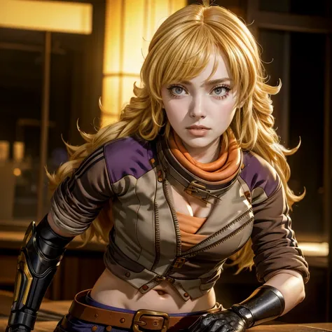 yangxiaolong, yang xiao long, long hair, blonde hair, (purple eyes:1.1), ahoge, bangs, BREAK cleavage, jacket, belt, mechanical arms, single mechanical arm, prosthesis, prosthetic arm, smile, BREAK indoors, standing in library, BREAK looking at viewer,  BR...