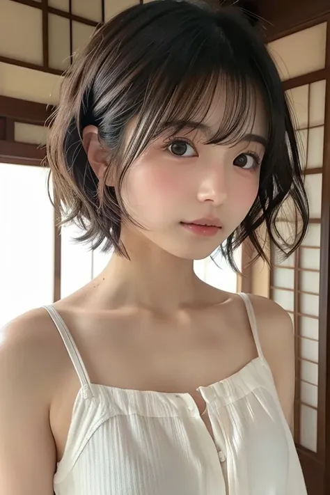  Japanese girl facing the front, super image quality, cute, pretty, sexy, and cute, actress, Japanese pretty girl, Lori, loose, short, curly hair, excellent style, excellent skeleton, clean, fluttering hair, small face, delicate girl, realistic girl, girl ...